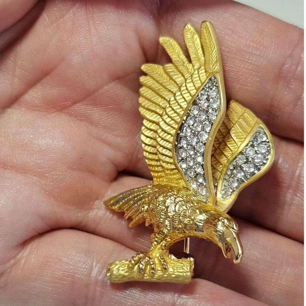 Gold tone eagle brooch clear rhinestone